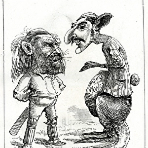 Cartoon, cricketing lion and kangaroo