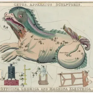 Cetus Star Map Print featuring a sea monster and industrial elements