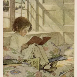 Child Reads at Window Print: Winter Scene with Picture Books Child Reads at Window Print: Winter Scene with Picture Books