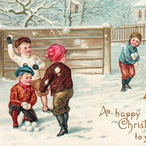 Children snowballing on a Christmas postcard