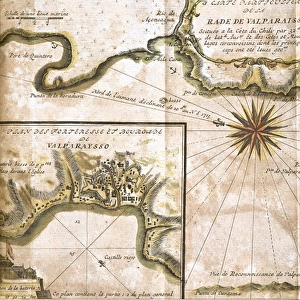 Chile. Valparaiso. Map in 1713 after an engraving of 1717