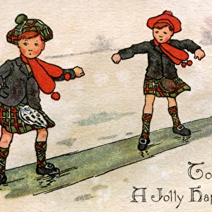 Christmas card, Scottish boys sliding on ice