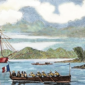 Colonialism. First African expeditions. French ship heading