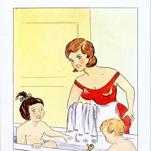 Comic postcard, Bathtime for son and daughter Date: 20th century