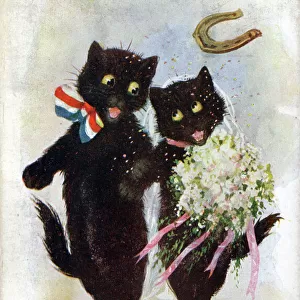 Comic postcard, Two black cats getting married - Good Luck Date: circa 1918
