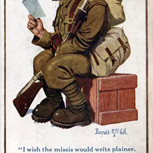 Comic postcard, British soldier reading letter from wife, WW1 Date: circa 1918