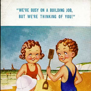 Comic postcard, Three children building sandcastle Date: 20th century