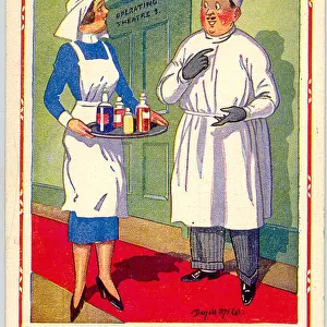 Comic postcard, Doctor and nurse, operating theatre Date: 20th century