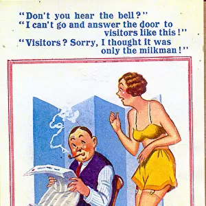Comic postcard, Someone at the door - only the milkman? Date: 20th century