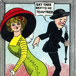 Comic Postcard - feeble Vicar not tempted by a pretty girl