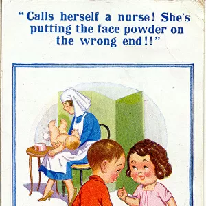 Comic postcard, Girl and boy, nurse and baby