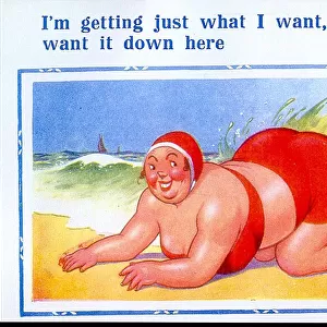 Comic postcard, Large woman in red bikini at the seaside