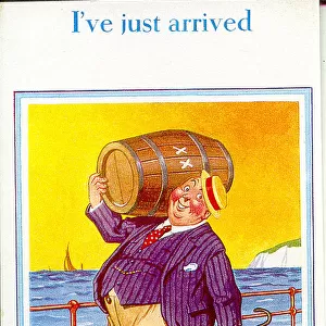Comic postcard, Man with barrel of beer and suitcase, just arrived at the seaside