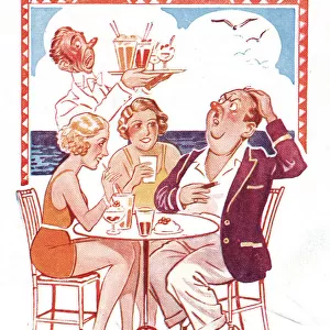 Comic postcard, Man and two pretty women drinking at an outdoor cafe - taking advantage of m