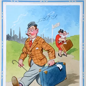 Comic postcard, Man with suitcase striding off