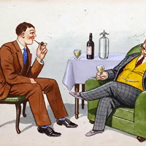 Comic postcard, Two men drinking and chatting