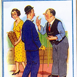 Comic postcard, Ordering a pair of trousers Date: 20th century