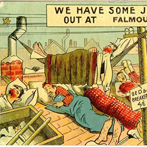 Comic postcard, People sleeping on the roof at Falmouth Date: 20th century
