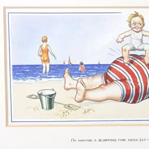 Comic postcard, Plump man and boy on the beach