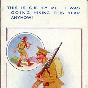 Comic postcard, Soldier going on the march, WW2 Date: circa 1940s