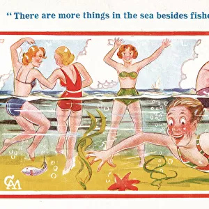 Comic postcard, Swimming in the sea - young man and four pretty women Date