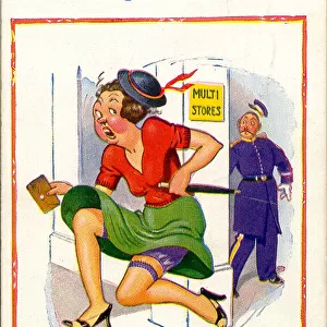 Comic postcard, Woman escaping from department store Date: 20th century