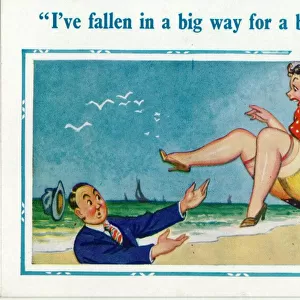 Comic postcard, Woman falling down a cliff onto the beach