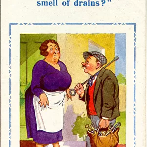 Comic postcard, Woman and plumber