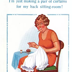 Comic postcard, woman sewing underwear