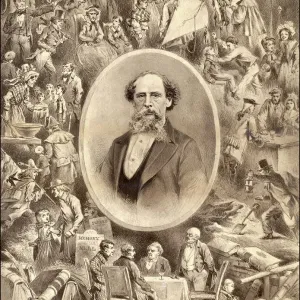 Charles Dickens Print - Portrait of the Author and his Characters
