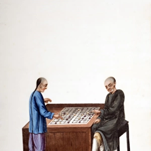 Drawing of 2 Chinese men playing mahjong