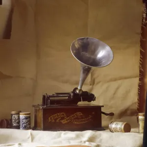 Early Edison Phonograph Print: Grooved Wax Cylinder and Instrument Early Edison Phonograph Print: Grooved Wax Cylinder and Instrument