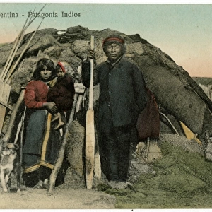 A family of Patagonian Indians outside their home