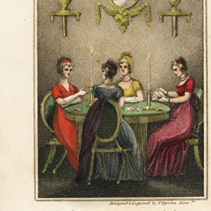 Four fashionable Regency ladies playing cards