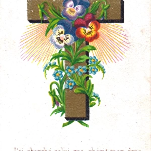 Flowers and a cross on a French greetings card