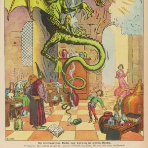 Print of The Sorcerer's Apprentice releasing the Dragon from its Bottle Print of The Sorcerer's Apprentice releasing the Dragon from its Bottle
