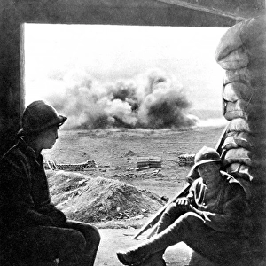 French soldiers taking cover from artillery fire inside a ca