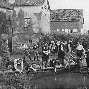 French soldiers washing at a pond, WW1