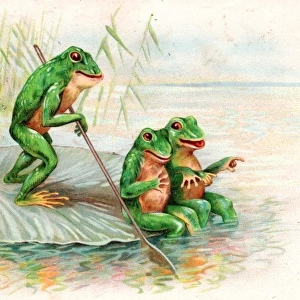 Three frogs boating on a lily leaf on a postcard