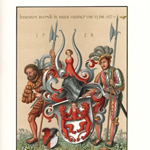 Two German mercenaries holding a coat of arms