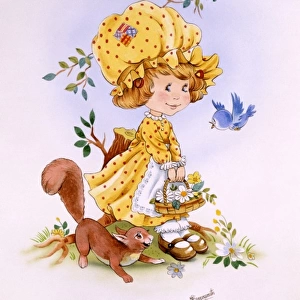 Girl in yellow bonnet collecting flowers
