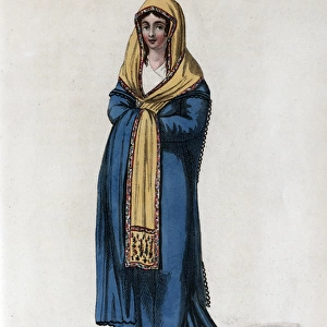 Greek lady wearing a blue dress and yellow shawl
