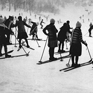 A group of people skiing