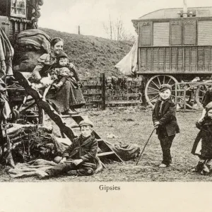 Gypsies and their caravans Print, 1910s