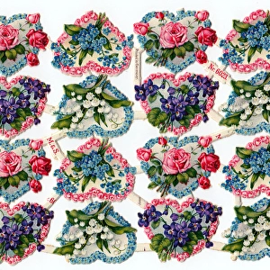 Hearts and flowers on sixteen Victorian scraps