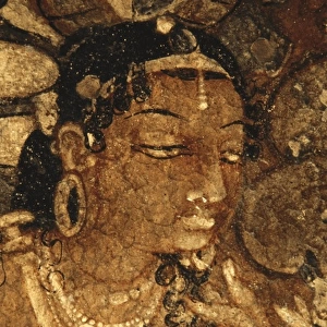 INDIA. Ajanta. Ajanta Caves. Face of a woman. Detail