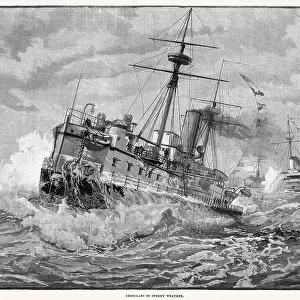 Ironclads in stormy weather. The behaviour of large ironclad warships in rough weather at sea is an important consideration for the British Royal Navy. Date: 1889