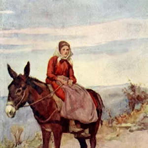 Italian Mountain Girl riding a mule sidesaddle