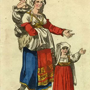 Italian woman in traditional costume with two children