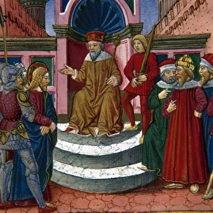 Jesus is brought before Herod. Codex of Predis (1476). Italy